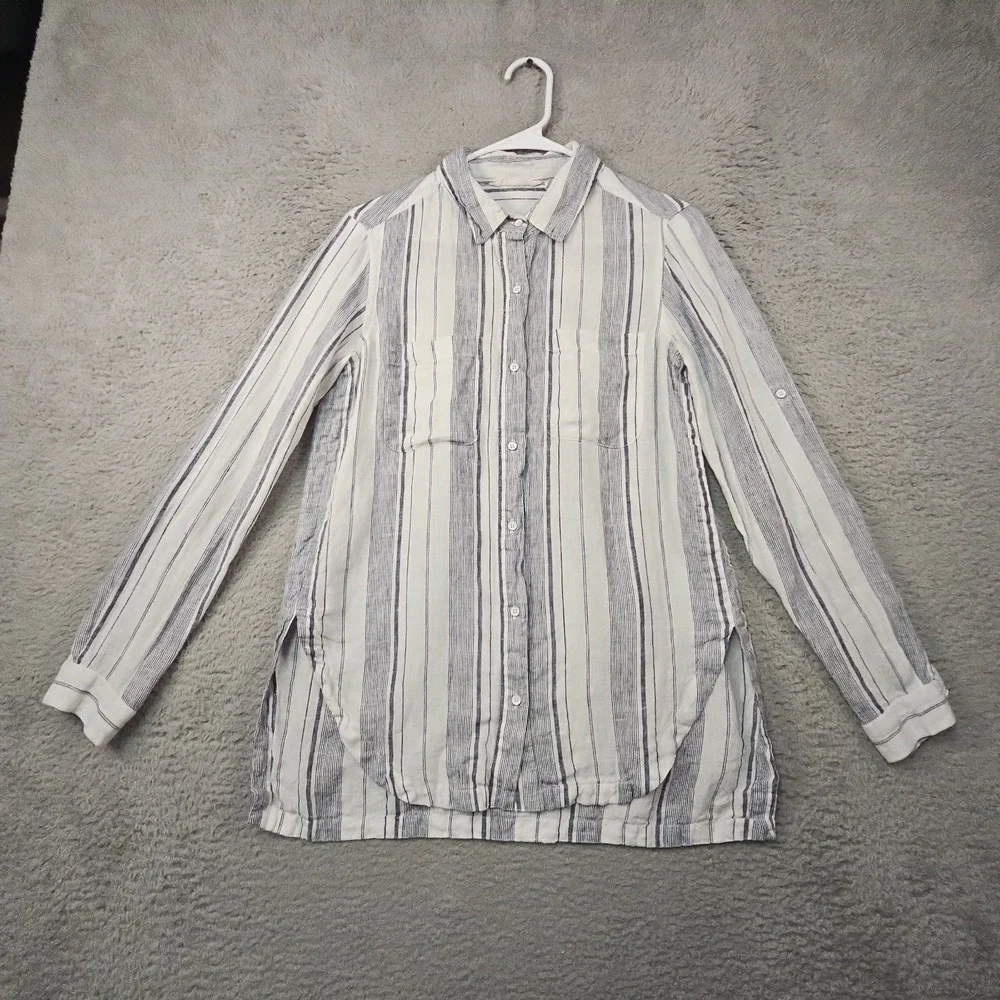 Athleta Shirt Womens XS White 100% Linen Striped Roll Tab L/S Top Coastal Beach‎
